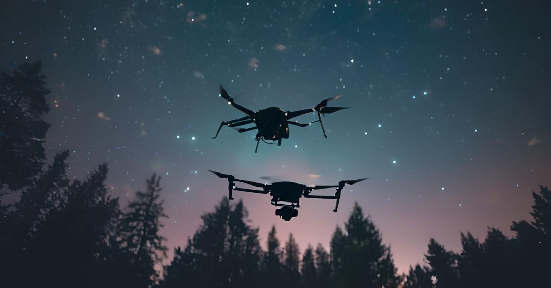 dos drones volando en el cielo nocturno