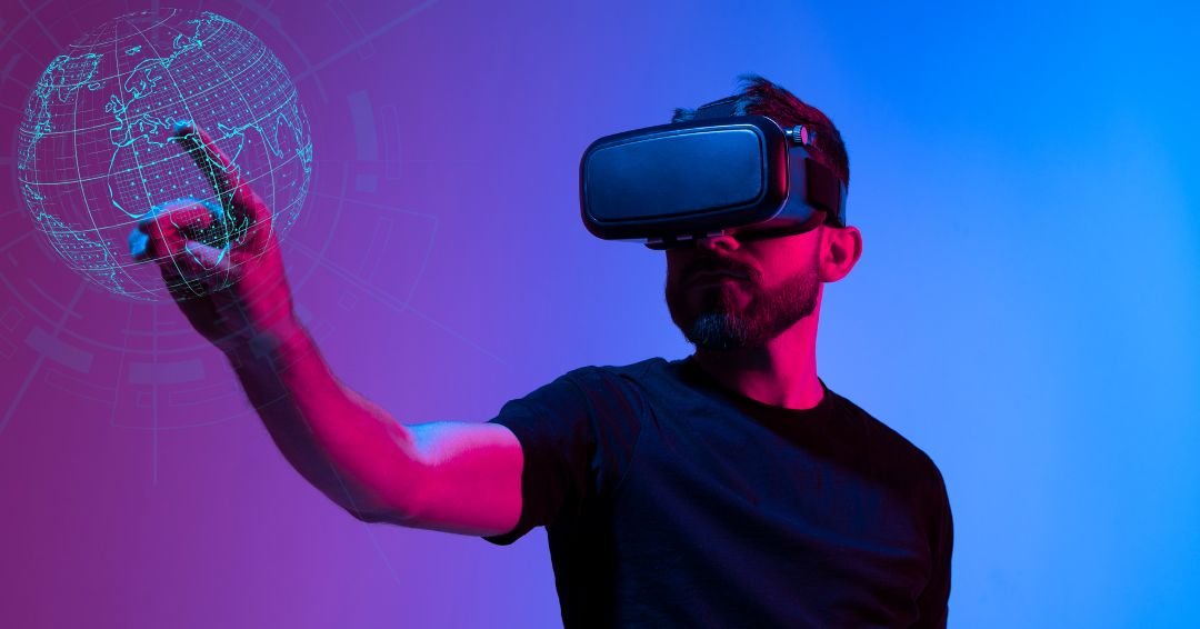 Hombre usando lentes de realidad aumentada para el metaverso