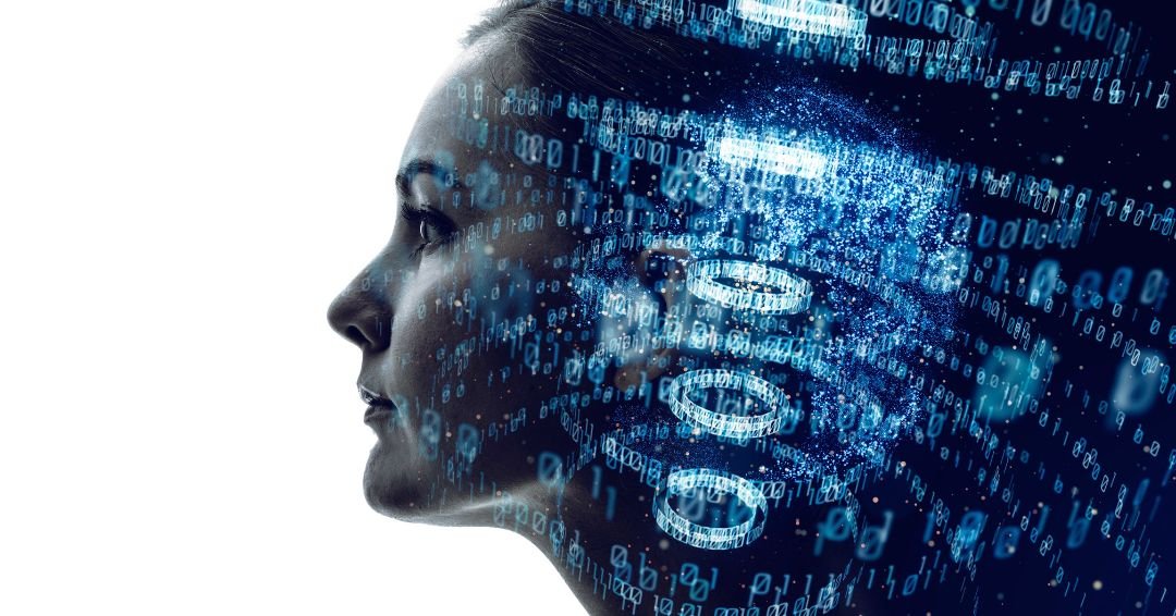 Cerebro digital - mujer combinada con ceros y unos